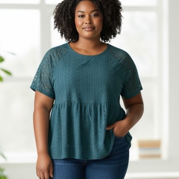 BloomChic Plus Size Lace Sleeve Babydoll Top Teal Green Blouse Shirt - Picture 1 of 8